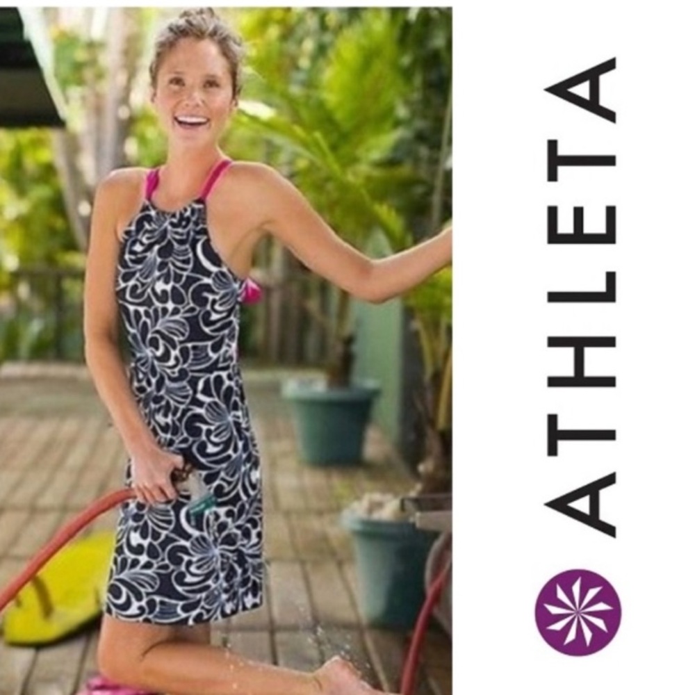Athleta Black & White Floral Halter Dress with Pink Straps